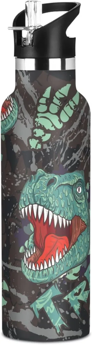 Boys Water Bottle with Straw Reusable Tumbler for Toddlers 20oz Kids Insulated Cups Leak Proof Double Wall 304 Stainless Steel Water Flask School Bottle,Vivid Cartoon Dinosaurs