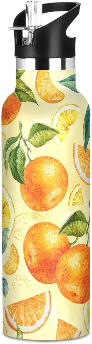Boys Water Bottle with Straw Reusable Tumbler for Toddlers 20oz Kids Insulated Cups Leak Proof Double Wall 304 Stainless Steel Water Flask School Bottle,Watercolor Orange Lemon