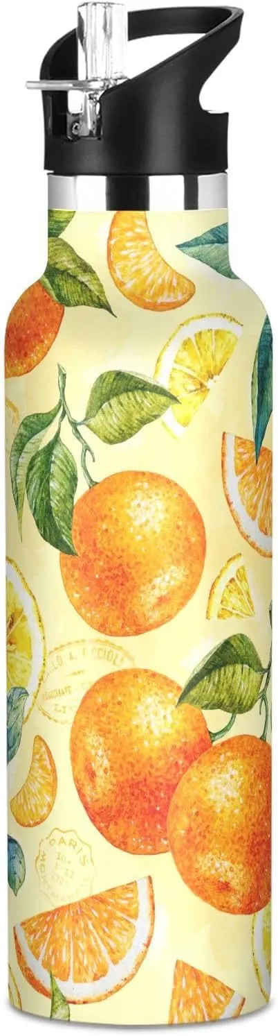 Boys Water Bottle with Straw Reusable Tumbler for Toddlers 20oz Kids Insulated Cups Leak Proof Double Wall 304 Stainless Steel Water Flask School Bottle,Watercolor Orange Lemon