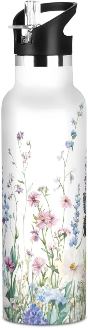 Boys Water Bottle with Straw Reusable Tumbler for Toddlers 20oz Kids Insulated Cups Leak Proof Double Wall 304 Stainless Steel Water Flask School Bottle,Watercolor Wildflowers Butterfly