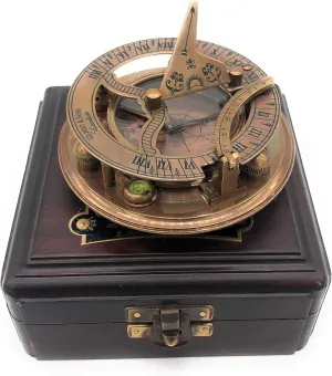 Brass Compass - Antique Brass Sundial Compass Marine Boat Gift Pocket Sun Dial in Box Nautical Marine Gift Sun Clock Pirate Ship Replica Watch