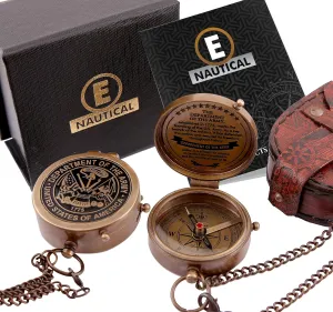 Brass Compass with Inspirational Quote, Chain & Leather Case - Ideal Gift for Adventure Lovers, Travelers, and Special Occasions (U.S-AR'MY)