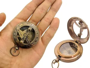 Brass Pocket Magnetic Sun Dial Map Type Compass (Gold Brass) 2" Brass Polish Antique Working Push Button Sundial Compass Free Telescope Keychain