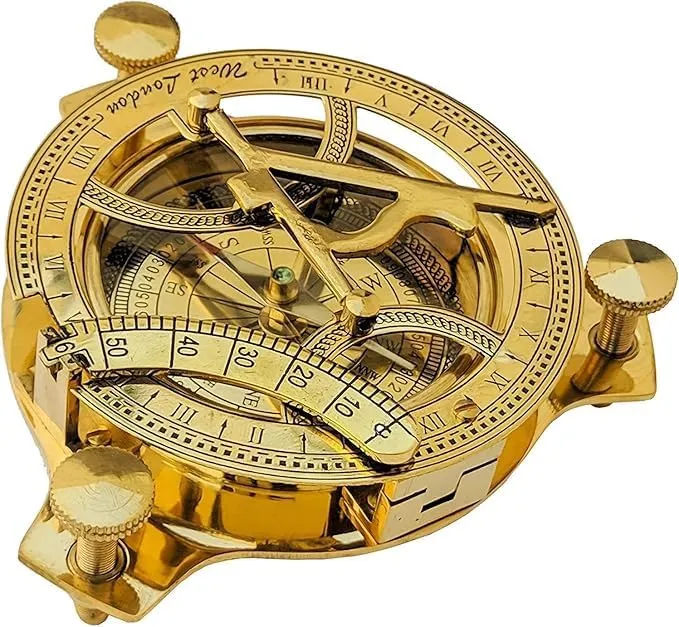 Brass Sundial Push Open Compass   Leather Case & Chain Steampunk, Antique