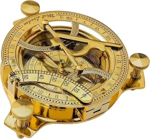 Brass Sundial Push Open Compass   Leather Case & Chain Steampunk, Antique