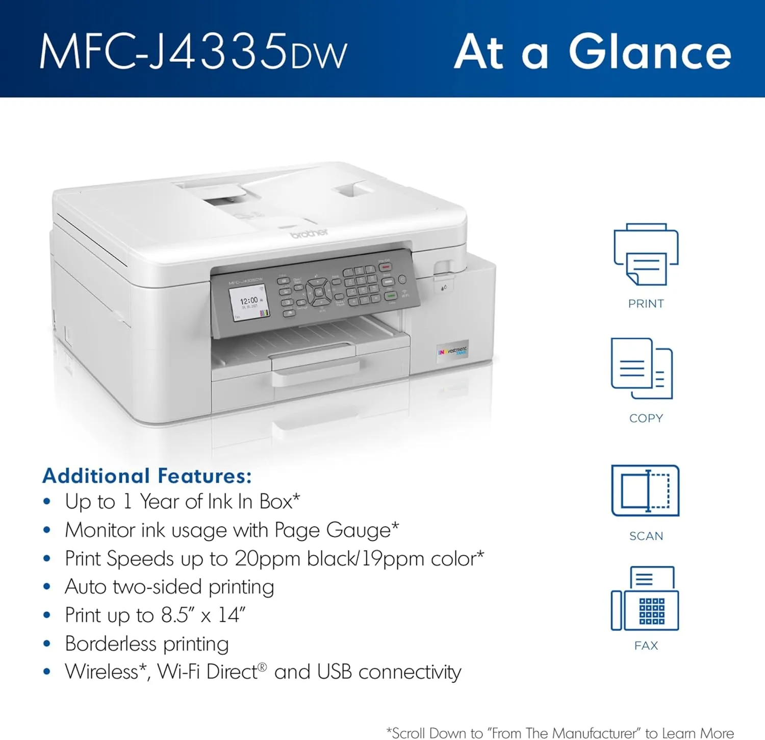 Brother MFC-J4335DW INKvestment Tank All-in-One Printer with Duplex and Wireless Printing Plus Up to 1-Year of Ink in-Box, Works with Alexa