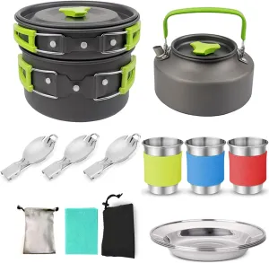 Buachois Camping Cookware Mess Kit, Portable 2-3 Person Camping Pots and Pans Set Kettle Pot Set Self Driving Camping Equipment for Hiking Cooking Gear Outdoor Cooking Picnic