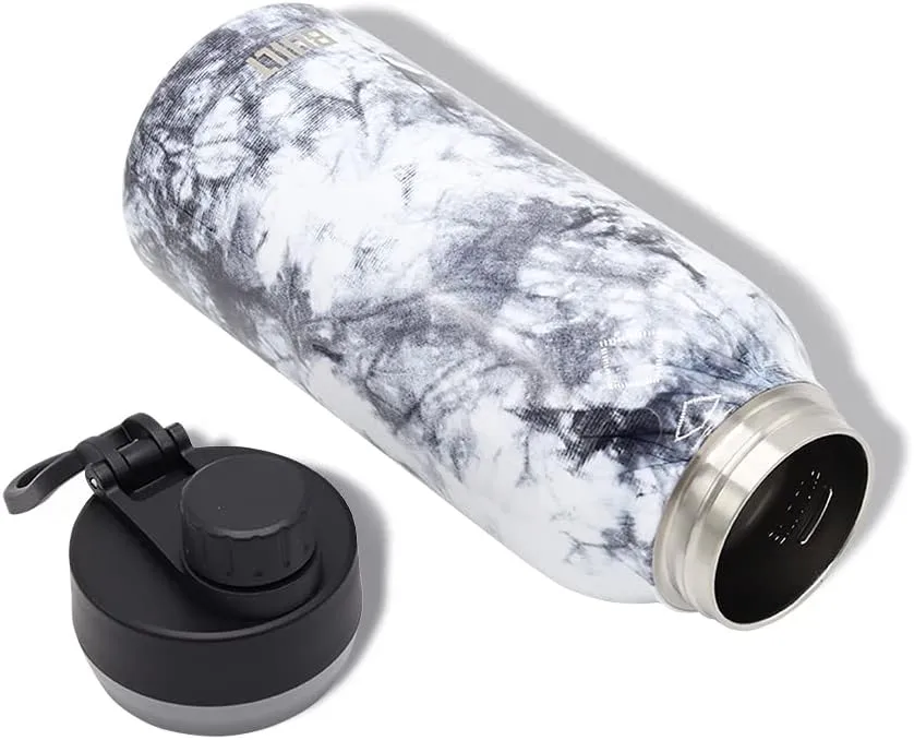 BUILT 32 Ounces Wide Mouth Cascade Double Wall Vacuum Insulated Stainless Steel Bottle with Chug Lid, Black and White Nightfall Tie Dye