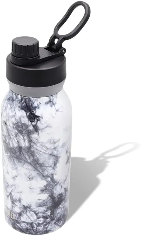 BUILT 32 Ounces Wide Mouth Cascade Double Wall Vacuum Insulated Stainless Steel Bottle with Chug Lid, Black and White Nightfall Tie Dye