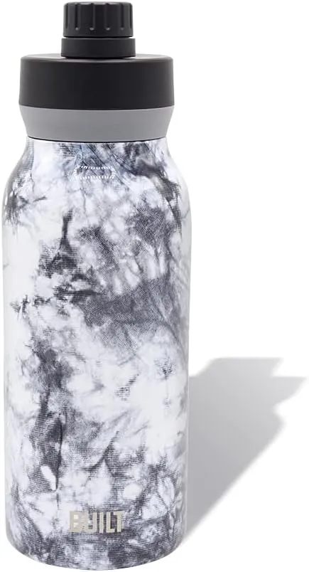 BUILT 32 Ounces Wide Mouth Cascade Double Wall Vacuum Insulated Stainless Steel Bottle with Chug Lid, Black and White Nightfall Tie Dye