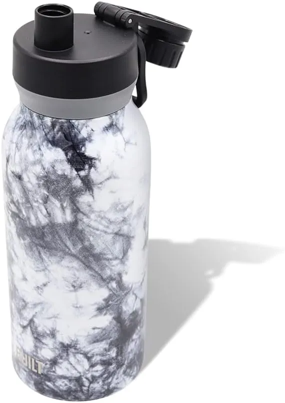 BUILT 32 Ounces Wide Mouth Cascade Double Wall Vacuum Insulated Stainless Steel Bottle with Chug Lid, Black and White Nightfall Tie Dye