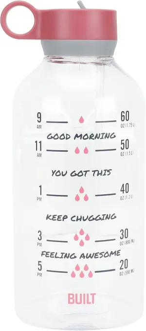 BUILT 74 Ounces Tritan Cascade Motivational Bottle with Straw Lid Wide Mouth, Break Resistant, Time Marker, Leakproof, Pink