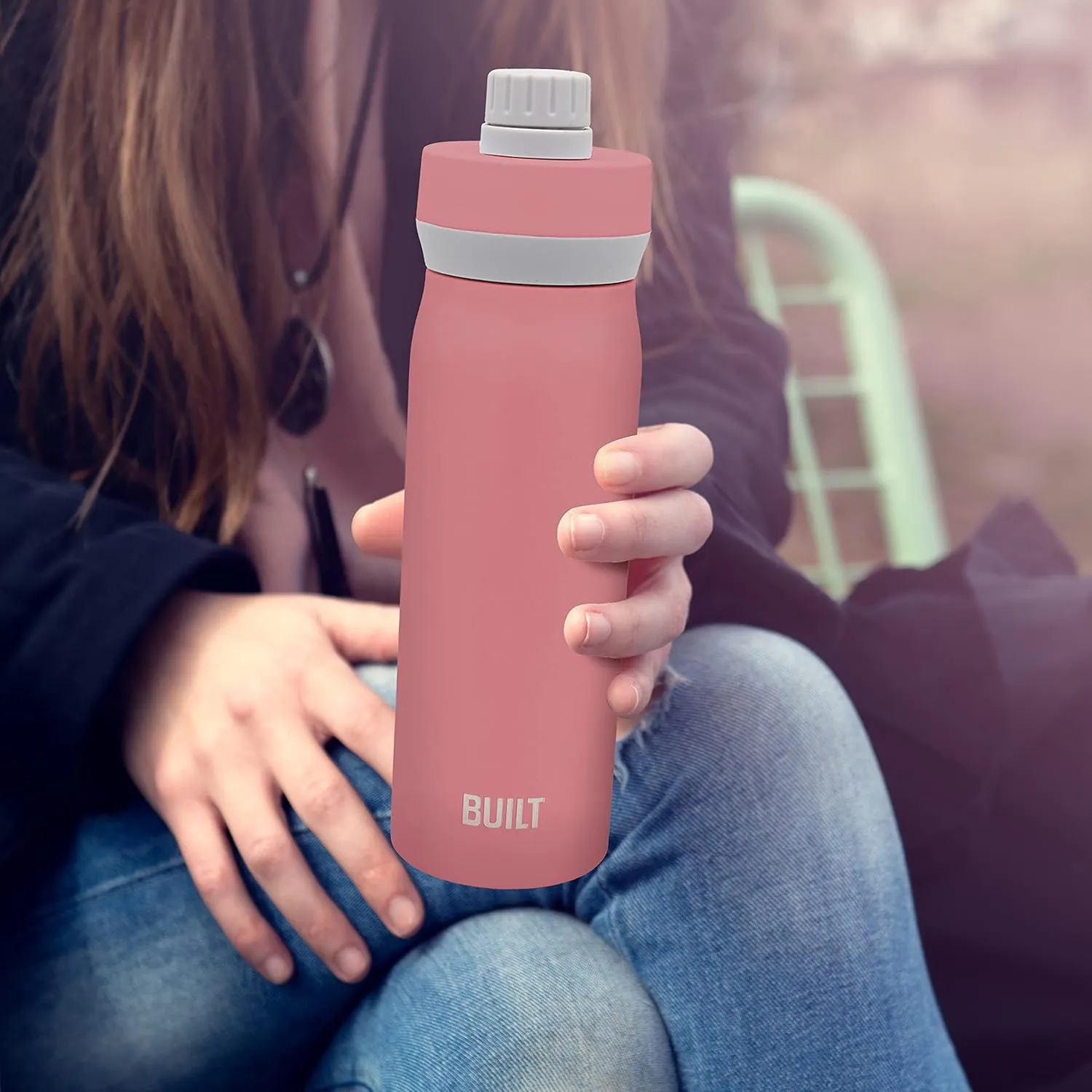 BUILT Cascade Double Wall Vacuum Insulated Stainless Steel Wide Mouth Water Bottle with Comfort Grip and Chug Lid and Carry Handle, 20 ounces