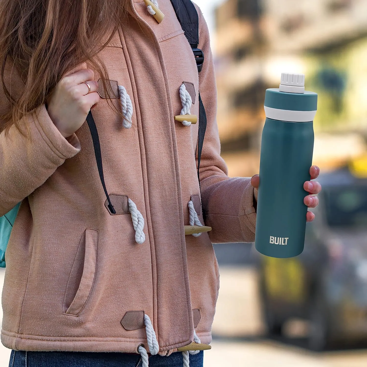 BUILT Cascade Double Wall Vacuum Insulated Stainless Steel Wide Mouth Water Bottle with Comfort Grip and Chug Lid and Carry Handle, 20 ounces