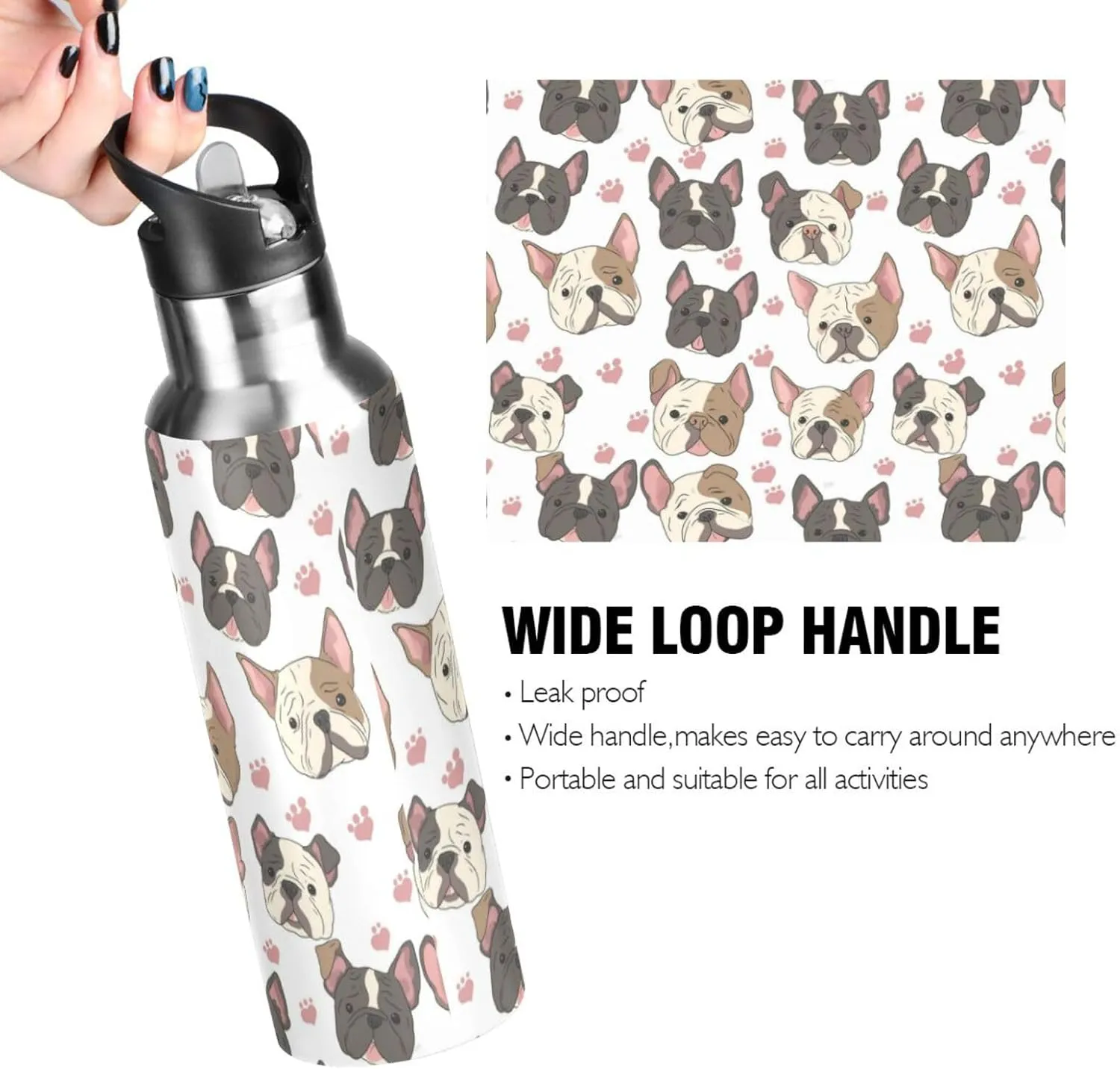 Bulldog Dog Water Bottle with Straw Lid Double Wall Puppy Thermos Bottle Vacuum Insulated Flask Stainless Steel Water Bottle for Gym Outdoor 20 OZ