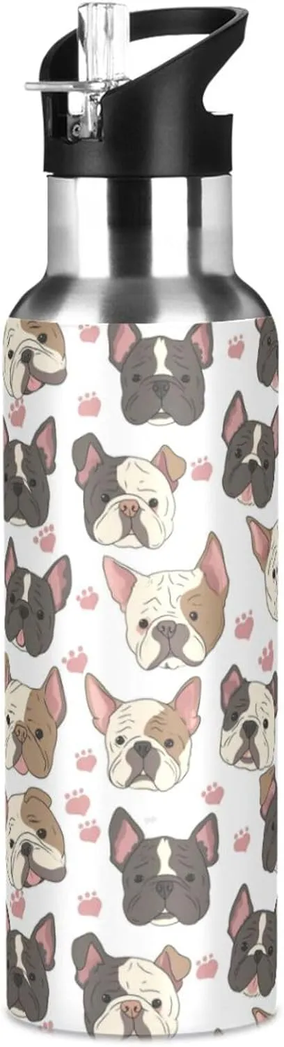 Bulldog Dog Water Bottle with Straw Lid Double Wall Puppy Thermos Bottle Vacuum Insulated Flask Stainless Steel Water Bottle for Gym Outdoor 20 OZ