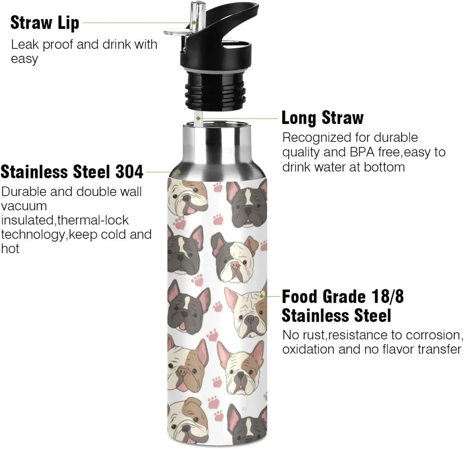 Bulldog Dog Water Bottle with Straw Lid Double Wall Puppy Thermos Bottle Vacuum Insulated Flask Stainless Steel Water Bottle for Gym Outdoor 20 OZ