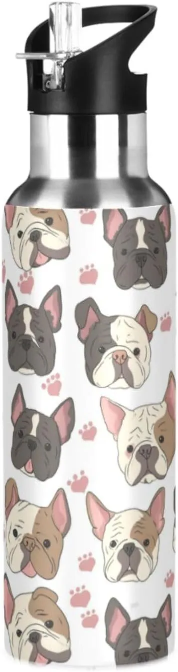 Bulldog Dog Water Bottle with Straw Lid Double Wall Puppy Thermos Bottle Vacuum Insulated Flask Stainless Steel Water Bottle for Gym Outdoor 20 OZ