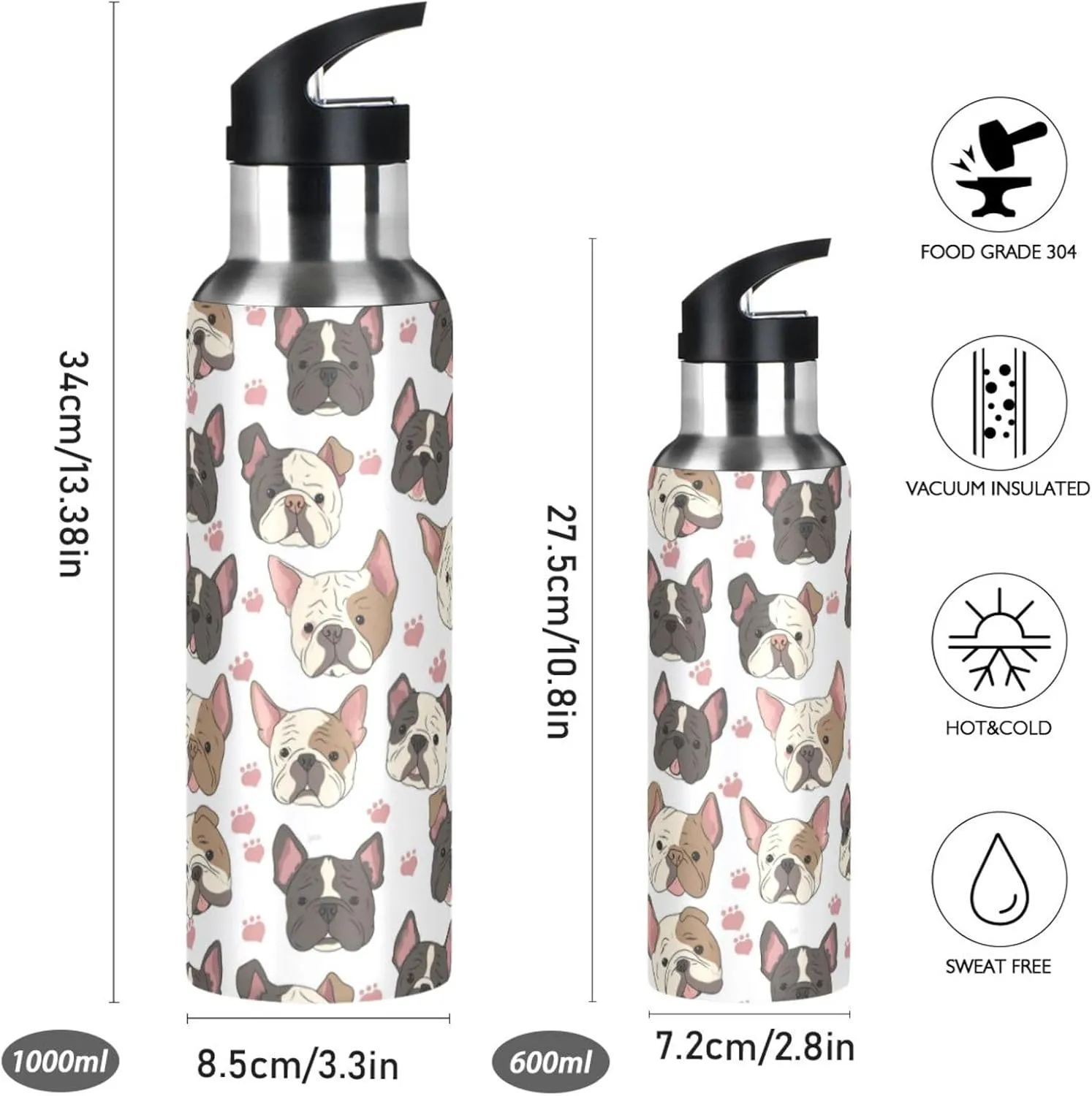 Bulldog Dog Water Bottle with Straw Lid Double Wall Puppy Thermos Bottle Vacuum Insulated Flask Stainless Steel Water Bottle for Gym Outdoor 20 OZ