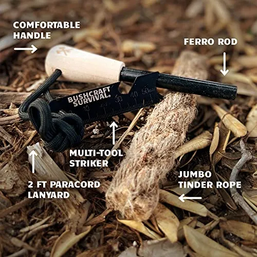 Bushcraft Survival Gear Ferro Rod Fire Starter | Flint and Steel Campfire Starter Kit w/Tinder Rope | Waterproof Magnesium Firestarter Tool For Camping and Backpacking