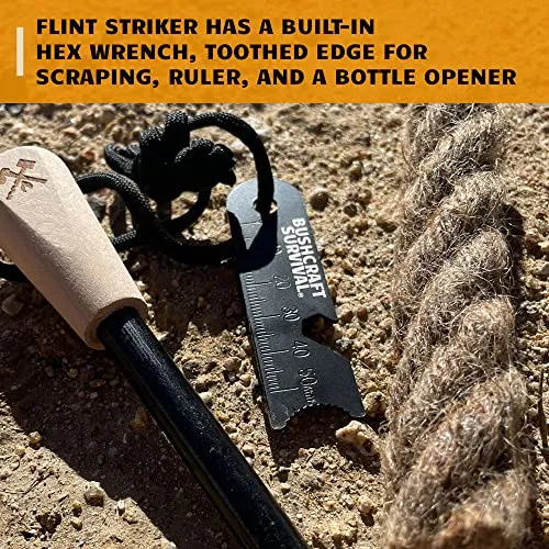Bushcraft Survival Gear Ferro Rod Fire Starter | Flint and Steel Campfire Starter Kit w/Tinder Rope | Waterproof Magnesium Firestarter Tool For Camping and Backpacking