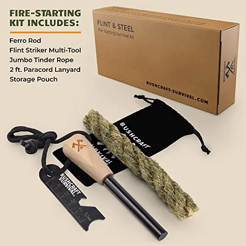 Bushcraft Survival Gear Ferro Rod Fire Starter | Flint and Steel Campfire Starter Kit w/Tinder Rope | Waterproof Magnesium Firestarter Tool For Camping and Backpacking