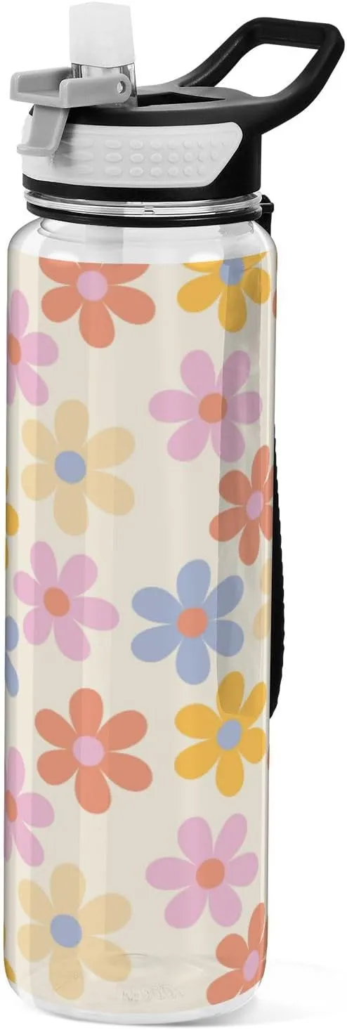 Caikeny Water Bottle with Straw Daisy Flowers Sports Bottles BPA-Free Tritan Floral 70s Water Jug with Carrying Strap for Women Men Gym Outdoor Sports
