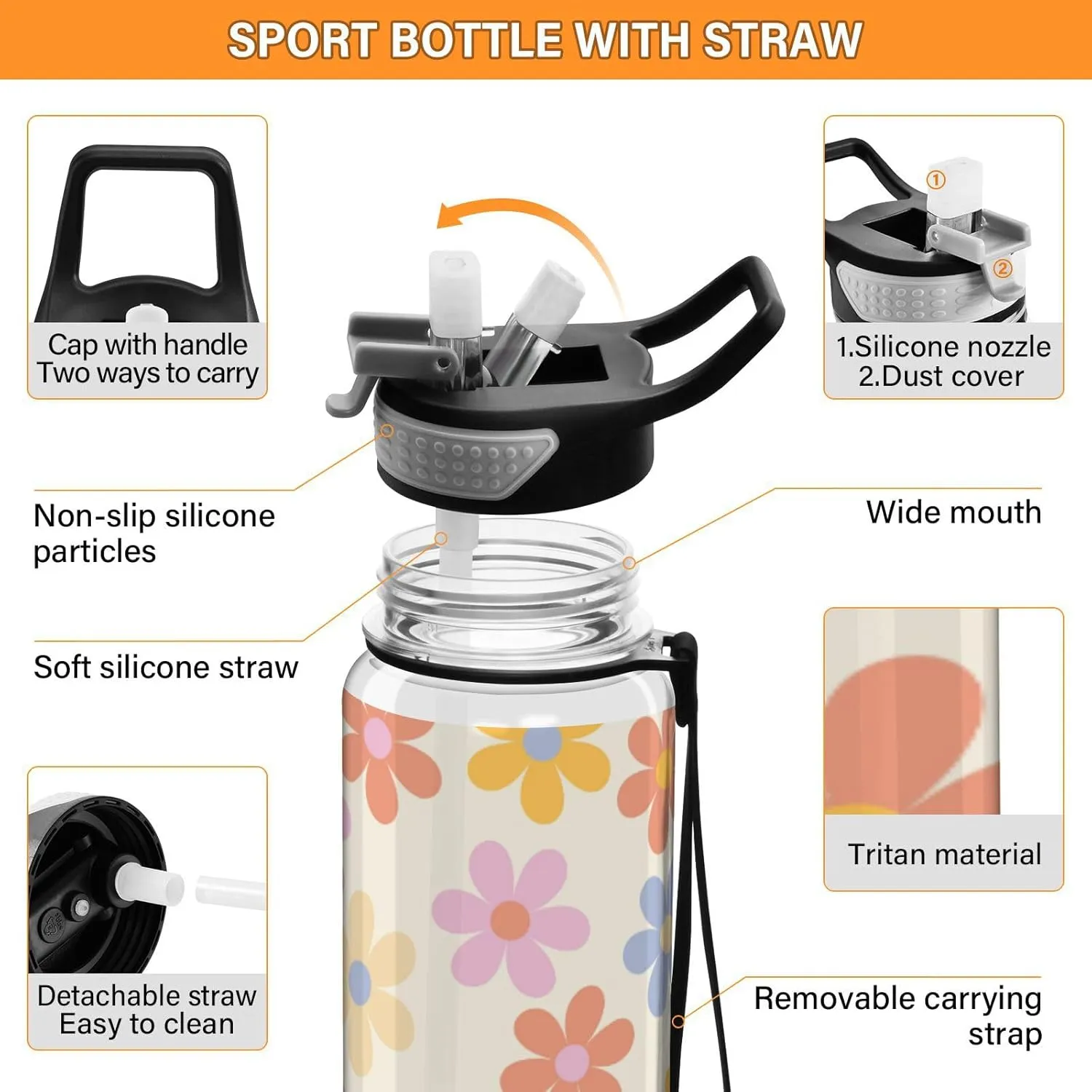 Caikeny Water Bottle with Straw Daisy Flowers Sports Bottles BPA-Free Tritan Floral 70s Water Jug with Carrying Strap for Women Men Gym Outdoor Sports