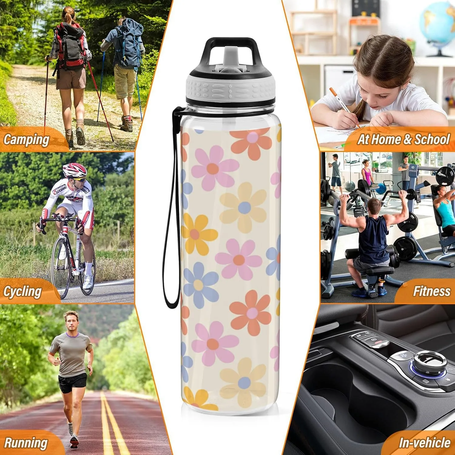 Caikeny Water Bottle with Straw Daisy Flowers Sports Bottles BPA-Free Tritan Floral 70s Water Jug with Carrying Strap for Women Men Gym Outdoor Sports