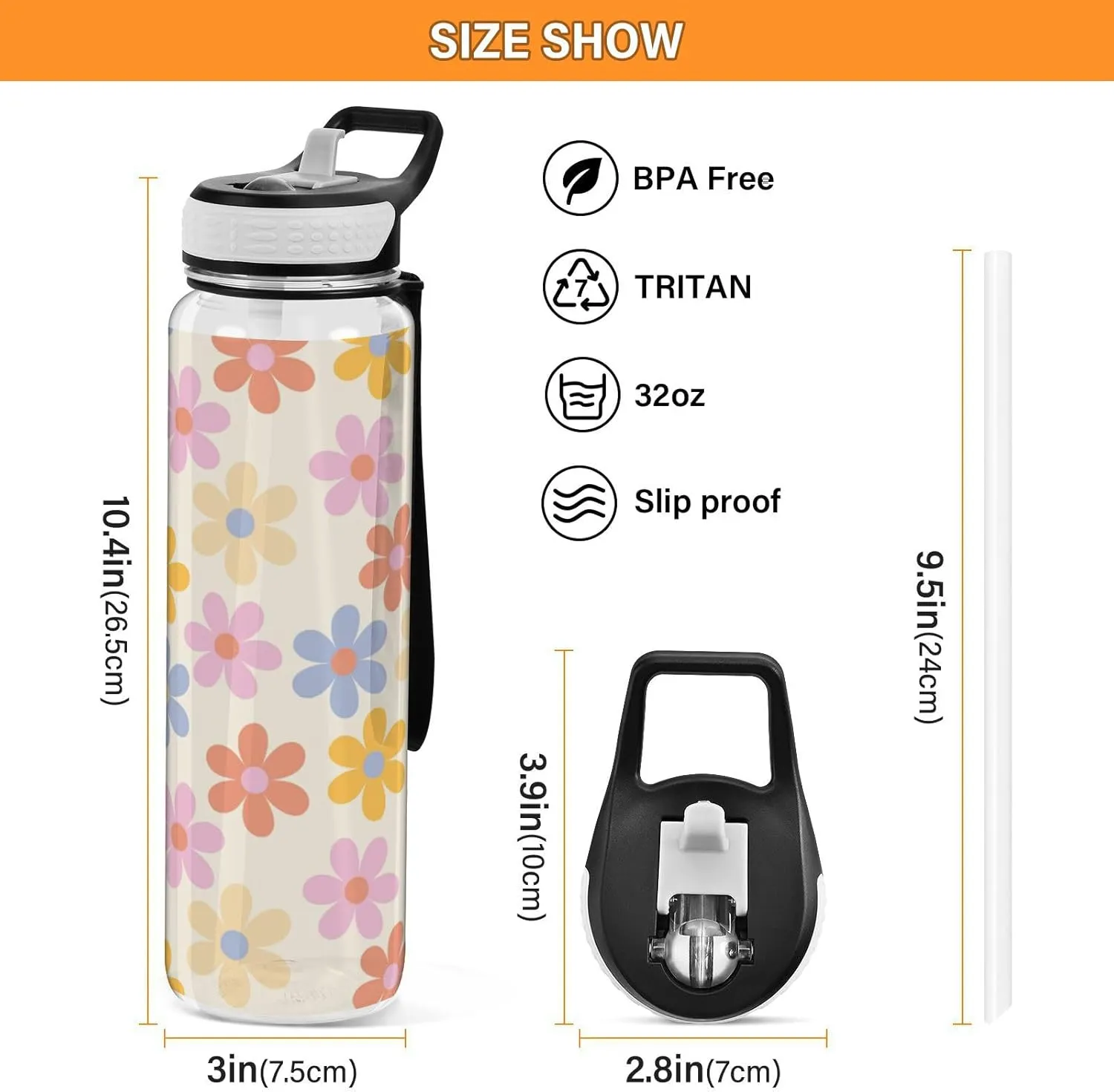 Caikeny Water Bottle with Straw Daisy Flowers Sports Bottles BPA-Free Tritan Floral 70s Water Jug with Carrying Strap for Women Men Gym Outdoor Sports