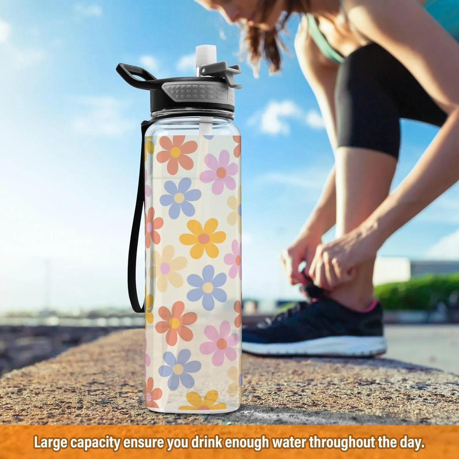 Caikeny Water Bottle with Straw Daisy Flowers Sports Bottles BPA-Free Tritan Floral 70s Water Jug with Carrying Strap for Women Men Gym Outdoor Sports