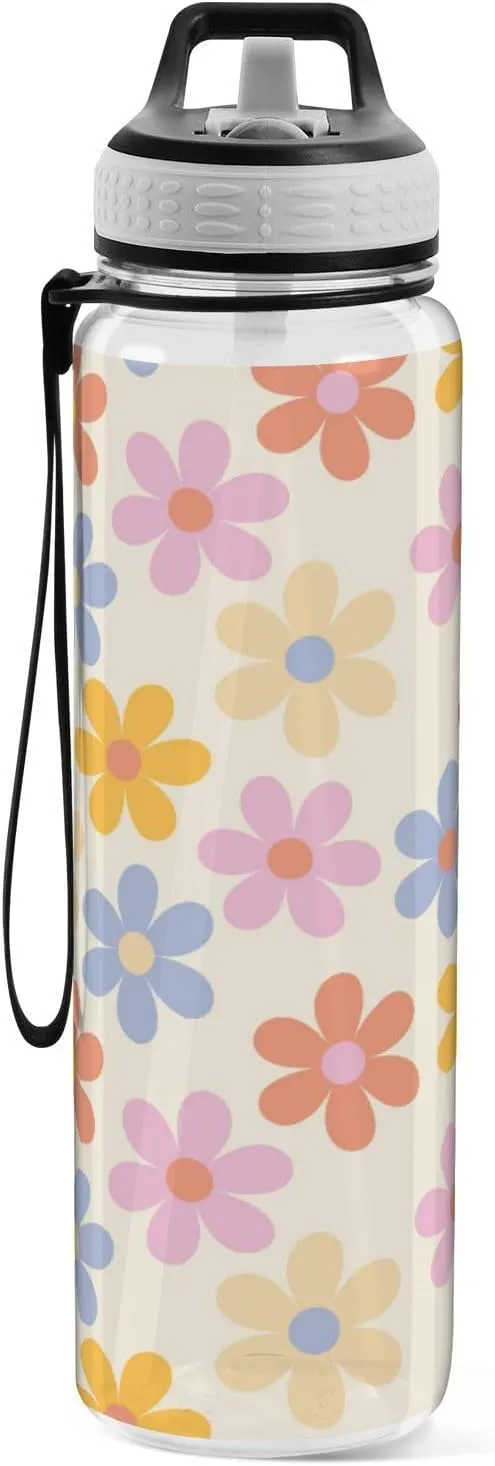 Caikeny Water Bottle with Straw Daisy Flowers Sports Bottles BPA-Free Tritan Floral 70s Water Jug with Carrying Strap for Women Men Gym Outdoor Sports