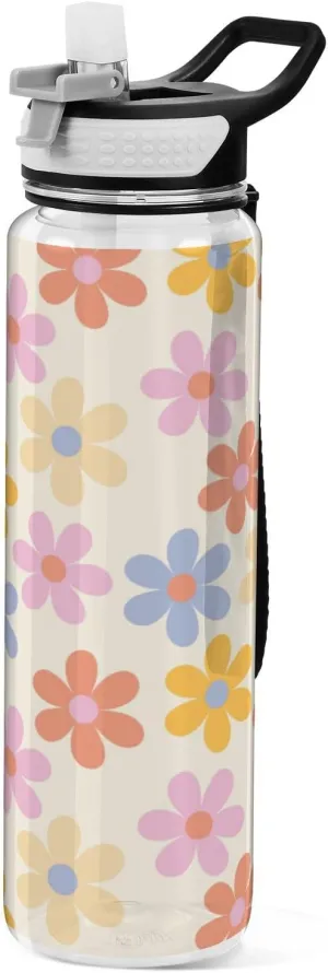 Caikeny Water Bottle with Straw Daisy Flowers Sports Bottles BPA-Free Tritan Floral 70s Water Jug with Carrying Strap for Women Men Gym Outdoor Sports