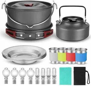 Camping Cookware 22-Piece Mess Kit Large Hanging Pot Pan Kettle Spoon Set for Outdoor Camping Hiking and Picnic