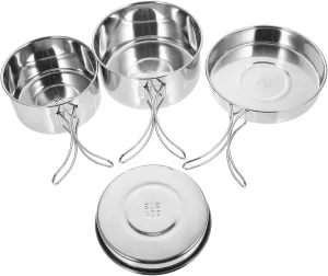 Camping Cookware Kit 4-Piece Stainless Steel Pot Pan Set Outdoor Cooking Utensils Compact Portable for Camping Hiking