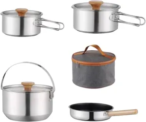 Camping Cookware Kit Cooking Set Portable Nonstick Stainless Steel Cookset Outdoor Pot for Travel Indoors Picnic Dinner, Without Kettle