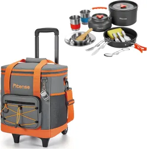 Camping Cookware Kit for 2, Lightweight Camping Kitchen Pots and Pans Set,Bundle with 33L Collapsible Camping Coolers with Wheels, 4-Layer Leakproof Portable Ice Chests