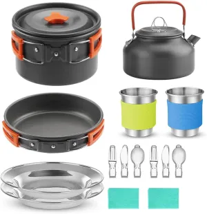 Camping Cookware Mess Kit, 15pcs Camping Cooking Set Large Size Hanging Pot Pan Kettle with Base Cook Set, Cups Dishes Forks Spoons Kit for Outdoor Camping Picnic Orange