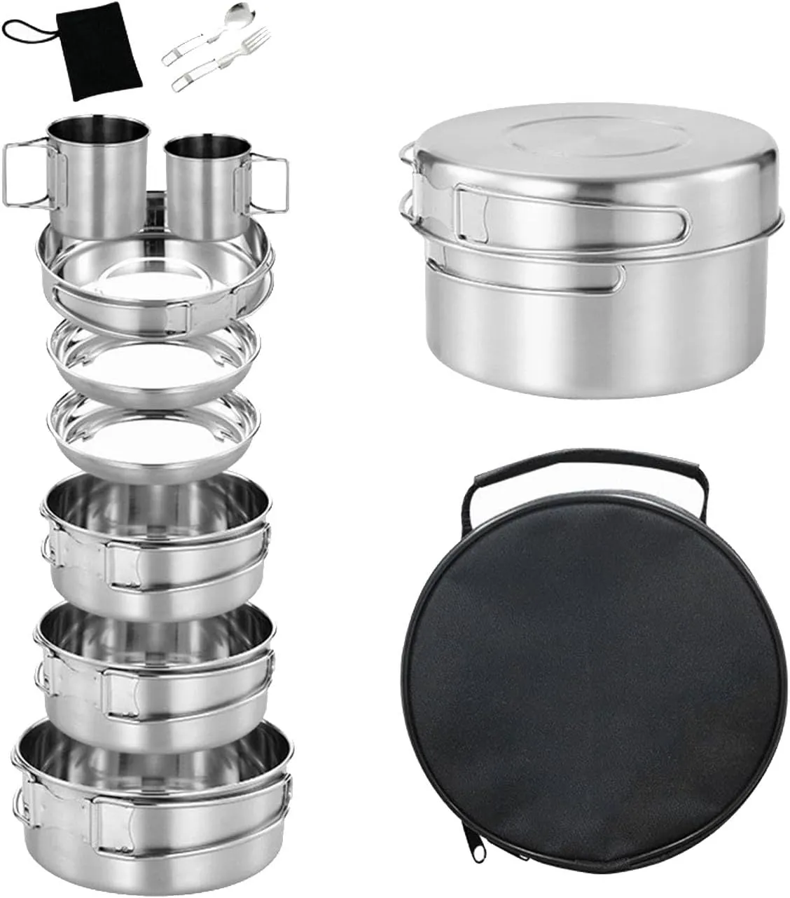 Camping Cookware Mess Kit Camping Bowls Multipurpose with Folding Handle Cooking Utensils Cooking Kit for Dinner Indoor Rvs