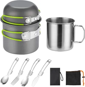 Camping Cookware Mess Kit for 1 People,ISFORU Camping Non-Stick Cooking Set Include Backpack Pot and Pan Set with 304 Stainless Steel Cup and Utensil Set for Traveling Trekking and Hiking
