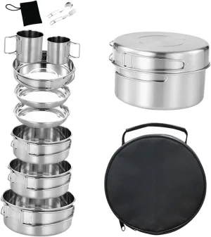Camping Cookware Mess Kit Outdoor Cooking Kit Lightweight with Folding Handle Camping Bowls Cooking Utensils for Backpacking