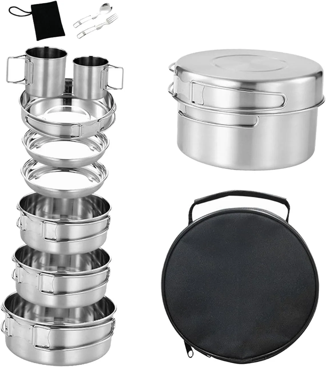 Camping Cookware Mess Kit Outdoor Cooking Kit Lightweight with Folding Handle Camping Bowls Cooking Utensils for Backpacking