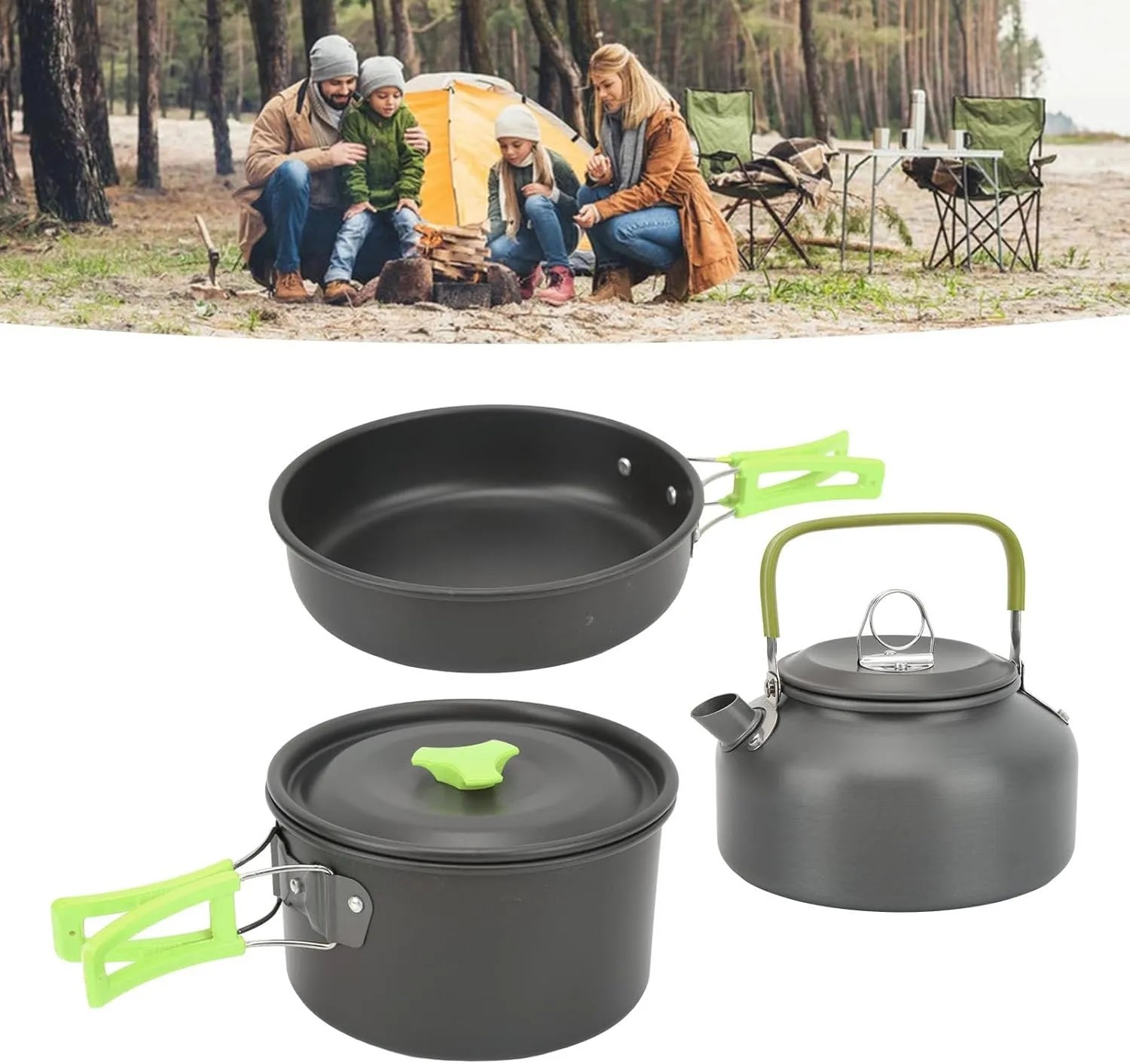 Camping Cookware Mess Kit - Outdoor Cookware Kit Camping Pans Pots Kit Outdoor Pans Pots Set Folding Backpacking Cookware(Green)