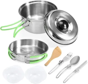 Camping Cookware Mess Kit, Picnic Cooking Bowl Non Stick Pot Pan Knife Spoon Set for Hikers or Backpackers.