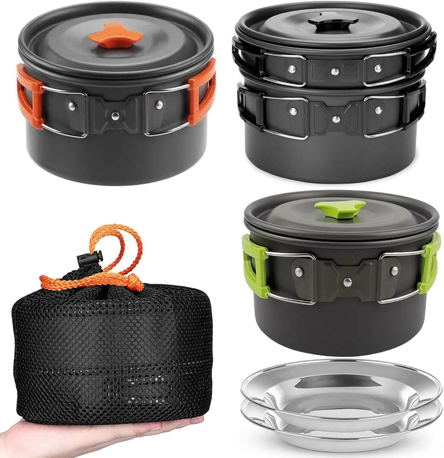 Camping Cookware Mess Kit, Stainless Steel Utensils Camping Tableware Kit, Outdoor Cooking and Picnic, Food Grade Camping Cooking Set, BPA Free Non-Stick Design Large Size Hanging Pot Pan K