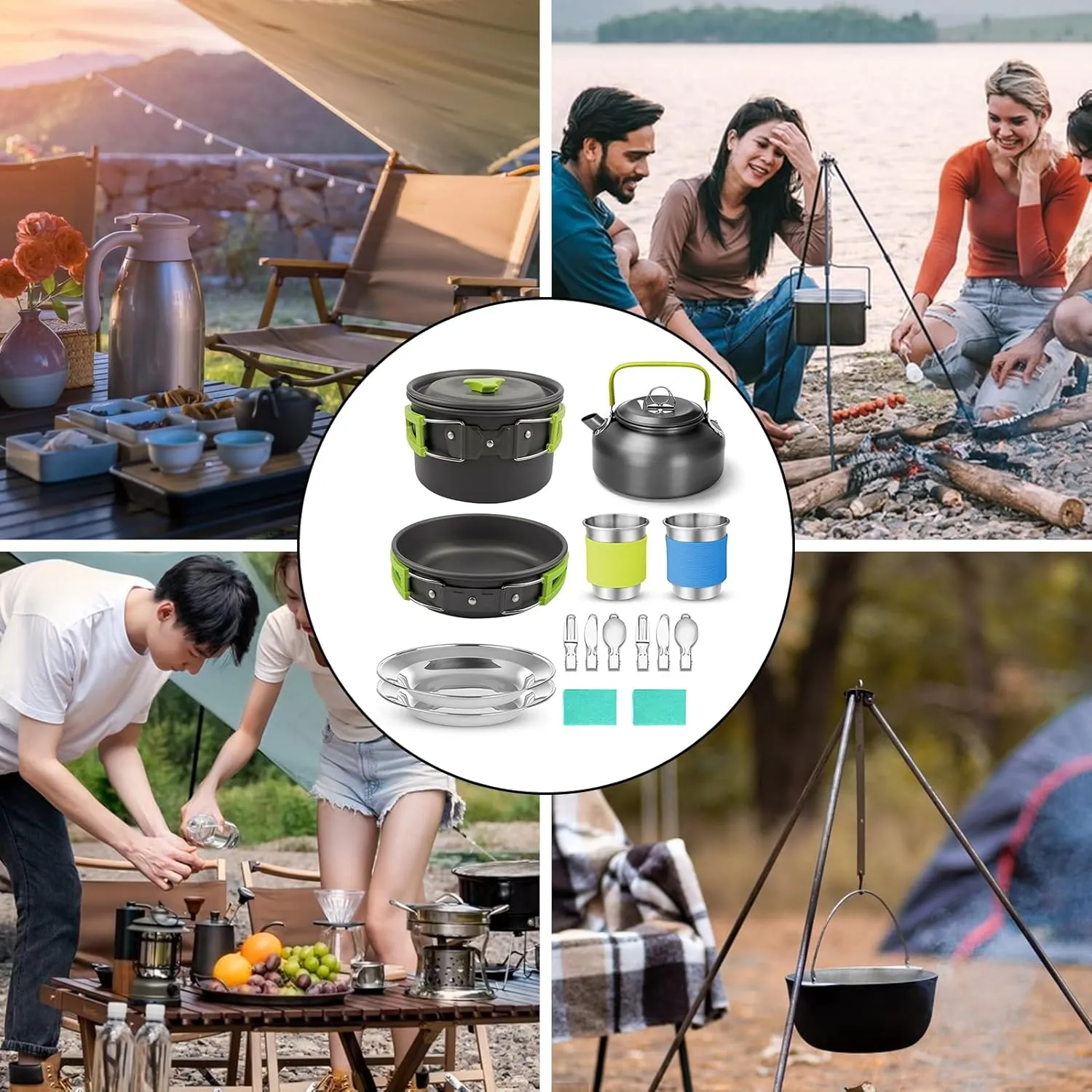 Camping Cookware Mess Kit, Stainless Steel Utensils Camping Tableware Kit, Outdoor Cooking and Picnic, Food Grade Camping Cooking Set, BPA Free Non-Stick Design Large Size Hanging Pot Pan K