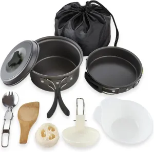 Camping Cookware Mess Kit,Camping Gear Campfire Utensils,9 Pcs Lightweight & Compact Backpacking Cooking Set Cooking Equipment Stackable Pot Pan Bowls with Storage Bag for Outdoor Hiking, Black