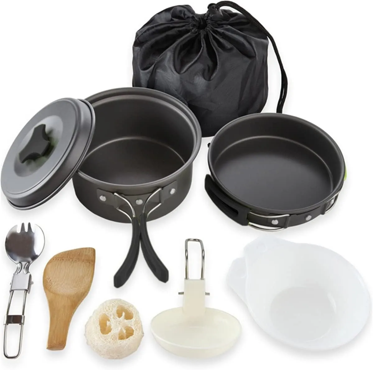 Camping Cookware Mess Kit,Camping Gear Campfire Utensils,9 Pcs Lightweight & Compact Backpacking Cooking Set Cooking Equipment Stackable Pot Pan Bowls with Storage Bag for Outdoor Hiking, Black