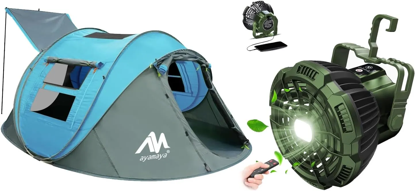 Camping Fan   4 Person Tent, Waterproof Pop Up Tent & Rechargeable Tent Fan with LEDs & Remote Control for Camping Backpacking