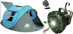 Camping Fan   4 Person Tent, Waterproof Pop Up Tent & Rechargeable Tent Fan with LEDs & Remote Control for Camping Backpacking